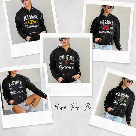 HERE FOR IT STUDDED DETAIL FLEECE FRONT POCKET HOODIE