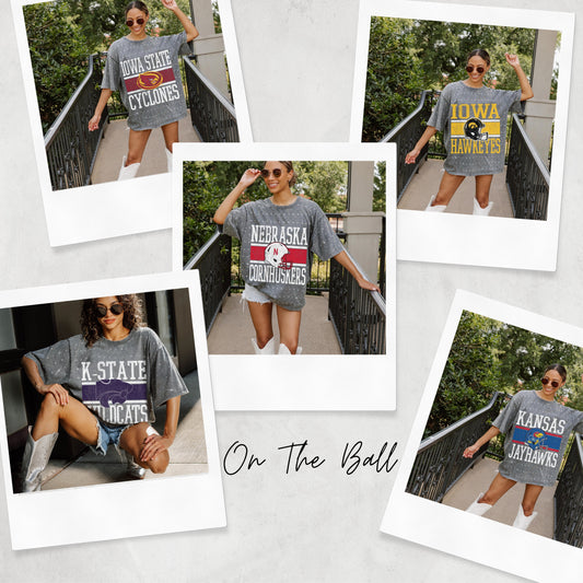 ON THE BALL OVERSIZED ALL-OVER MINI RHINESTONE SHORT SLEEVE CLASSIC TEE WITH RIBBED NECKLINE