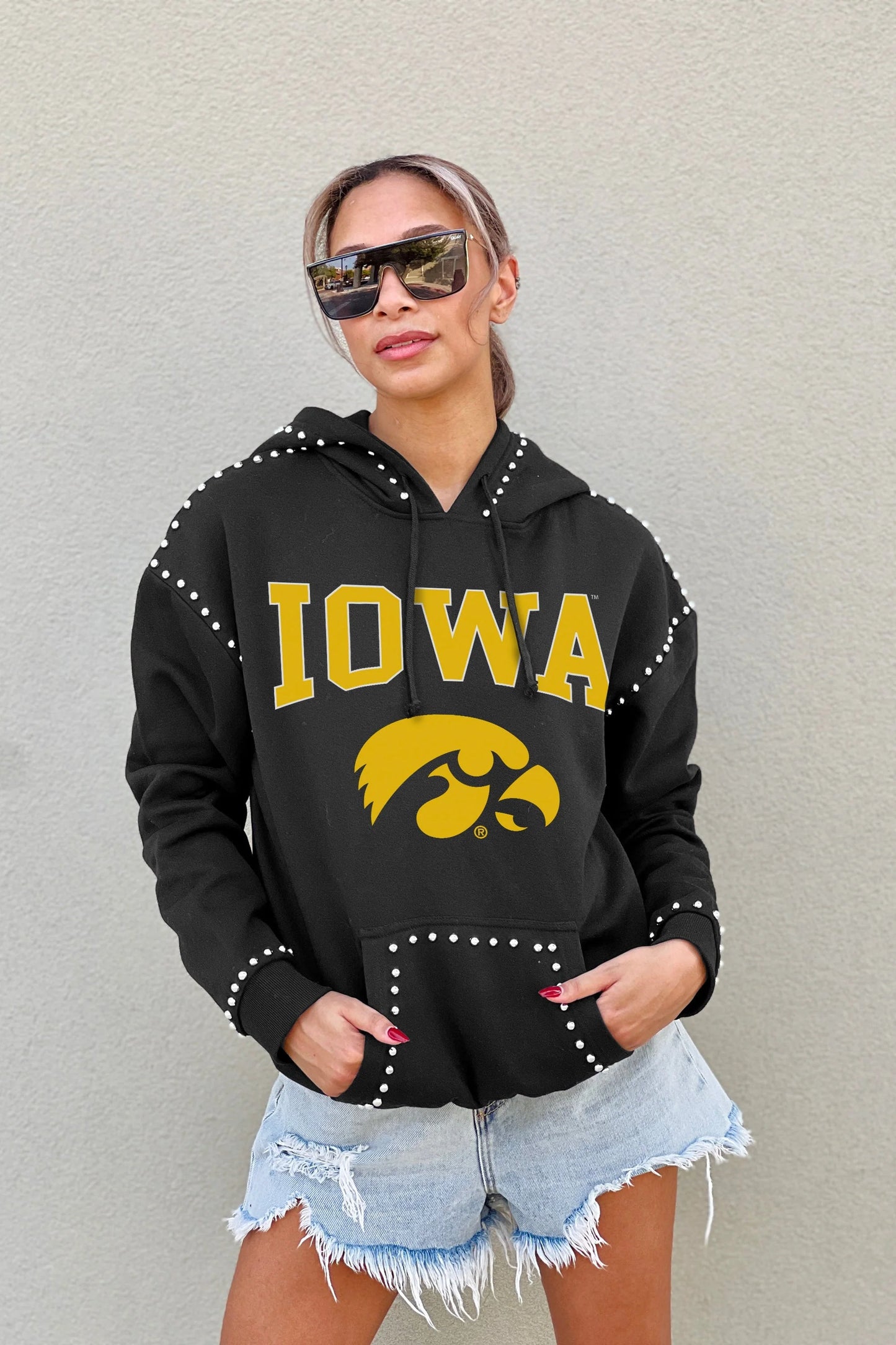 BELLE OF THE BALL STUDDED DETAIL FLEECE FRONT POCKET HOODIE