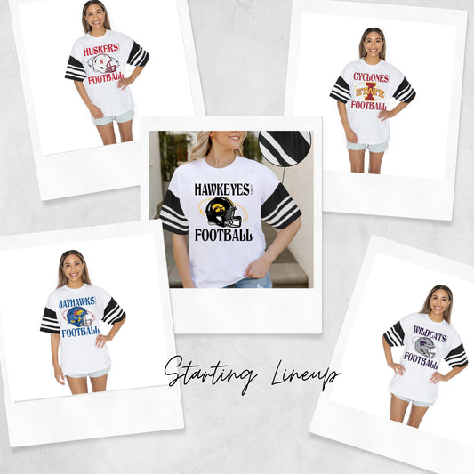 STARTING LINEUP BOLD CONTRAST, OVERSIZED, SPORTY HERITAGE-STRIPED TEE WITH JERSEY MESH SHORT SLEEVES AND RIBBED NECKLINE