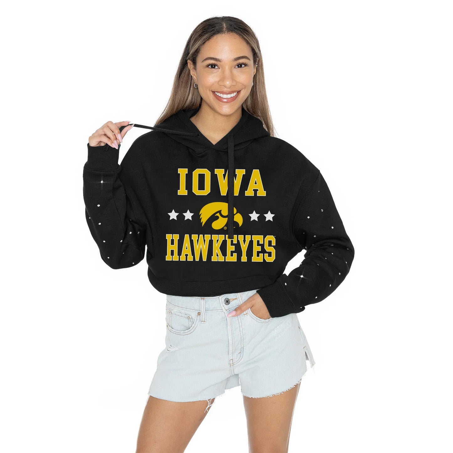 LIKE A STAR LONG SLEEVE SCRUNCH WAISTBAND HOODIE WITH RHINESTONE SLEEVE DETAIL