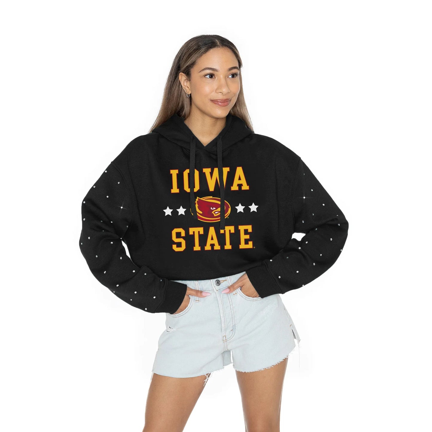LIKE A STAR LONG SLEEVE SCRUNCH WAISTBAND HOODIE WITH RHINESTONE SLEEVE DETAIL