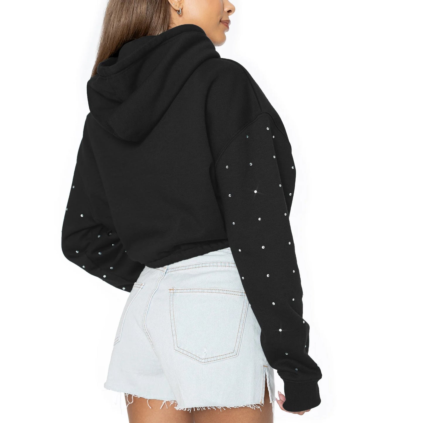 LIKE A STAR LONG SLEEVE SCRUNCH WAISTBAND HOODIE WITH RHINESTONE SLEEVE DETAIL
