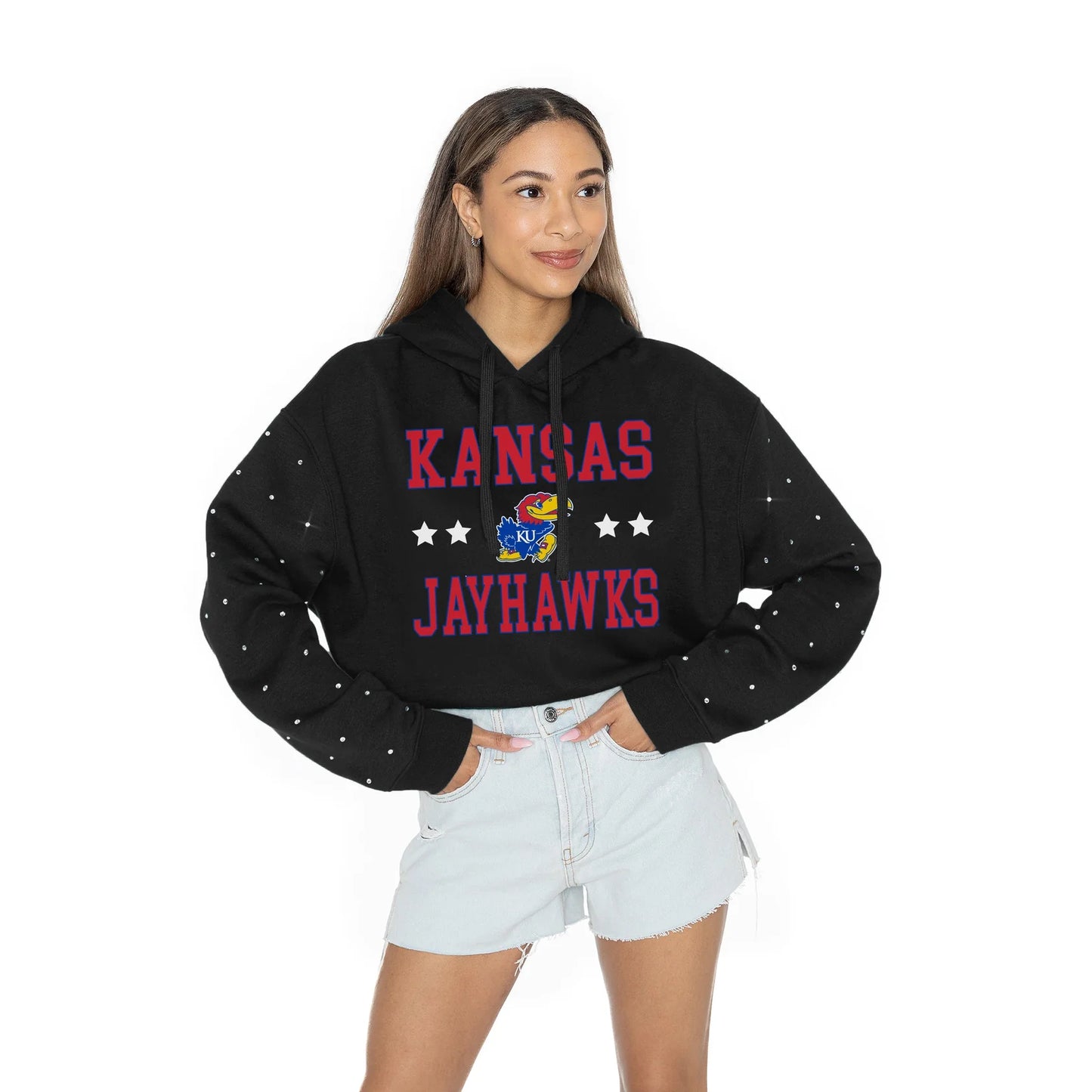 LIKE A STAR LONG SLEEVE SCRUNCH WAISTBAND HOODIE WITH RHINESTONE SLEEVE DETAIL