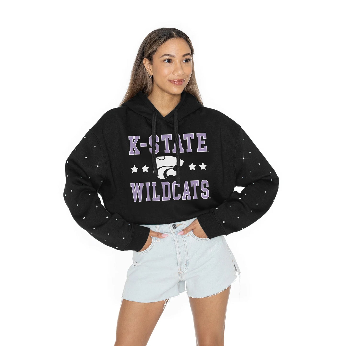 LIKE A STAR LONG SLEEVE SCRUNCH WAISTBAND HOODIE WITH RHINESTONE SLEEVE DETAIL