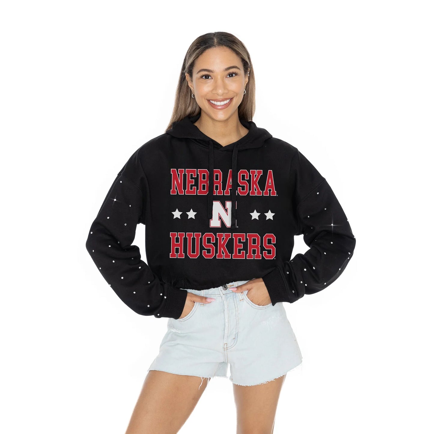 LIKE A STAR LONG SLEEVE SCRUNCH WAISTBAND HOODIE WITH RHINESTONE SLEEVE DETAIL